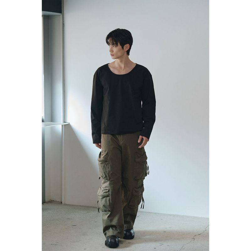 Brushed crop u neck long sleeves(Black)