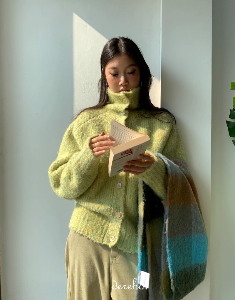 Tender Green Turtleneck Knit Cardigan