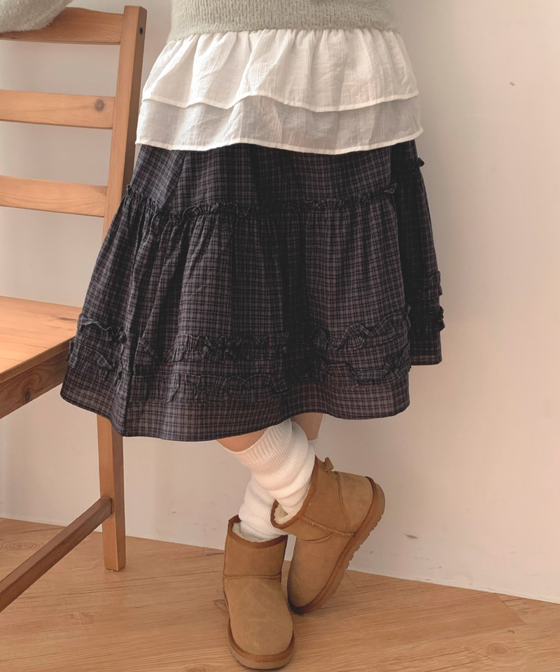 Luen midi checkered skirt Fall layered frill soft fit