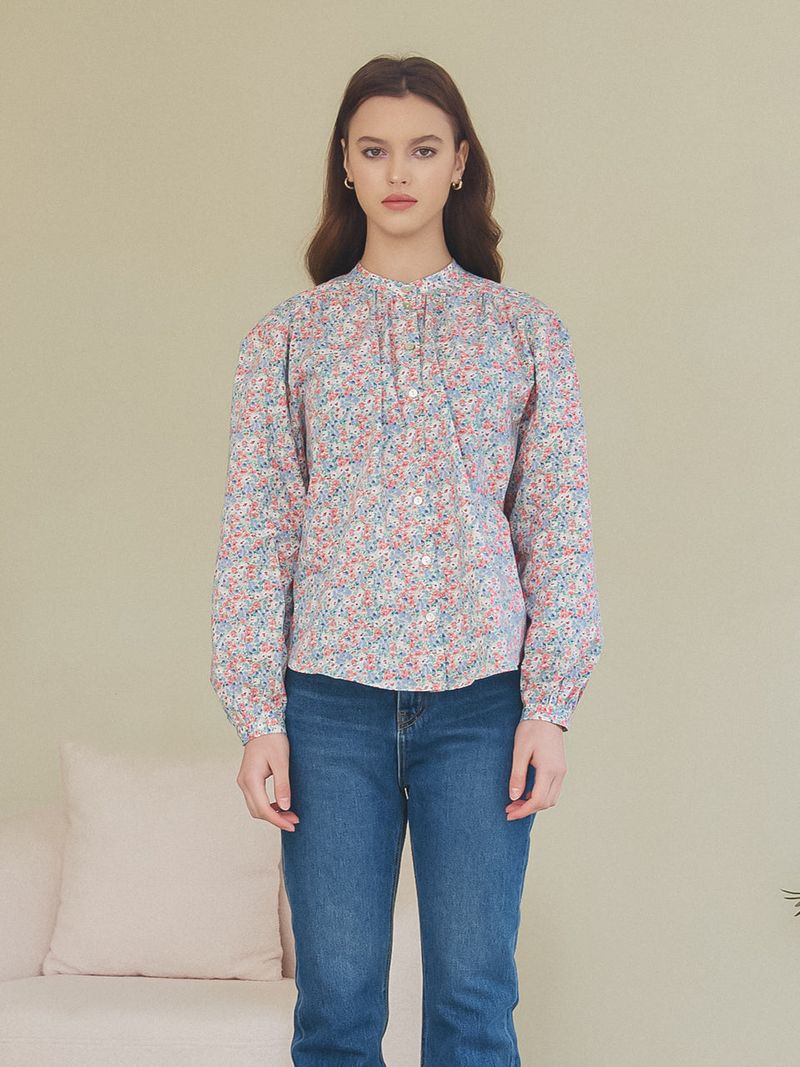 HENRY NECK SHIRRING BLOUSE_FLOWER