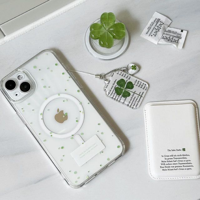 [SET]green four leaf clover magsafe case + card pocket + clover grip
