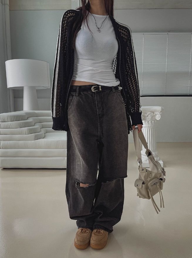 cross damage banding denim pants