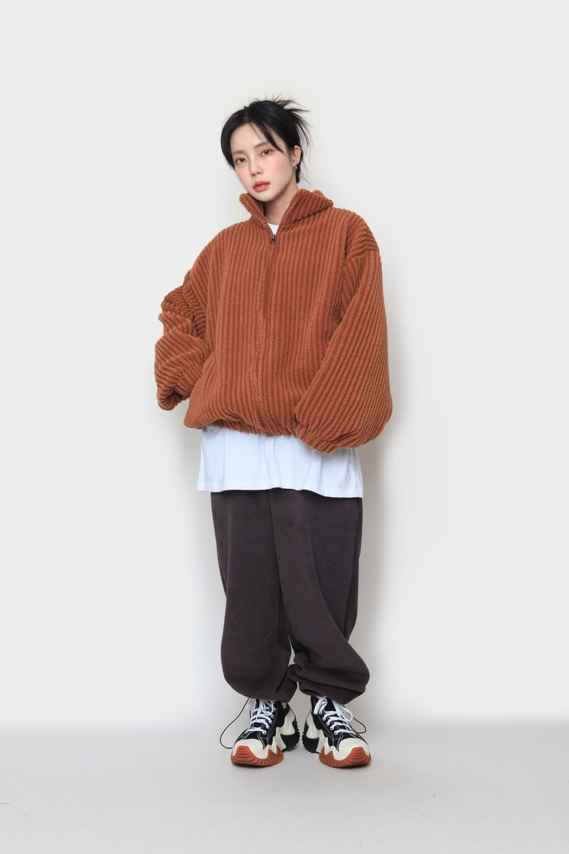 fur ribbed zip-up jacket
