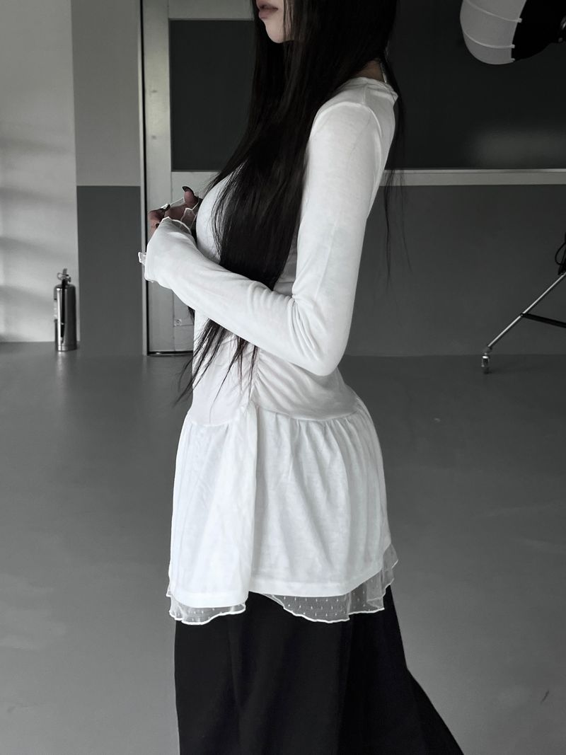 dot layered shirring lace one-piece (2color)