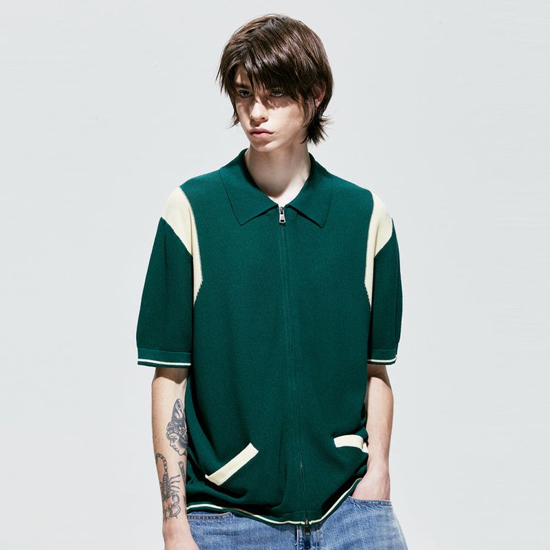 varsity half knit zip-up green