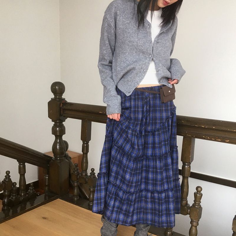 Solpa Checkered Flare Long Skirt
