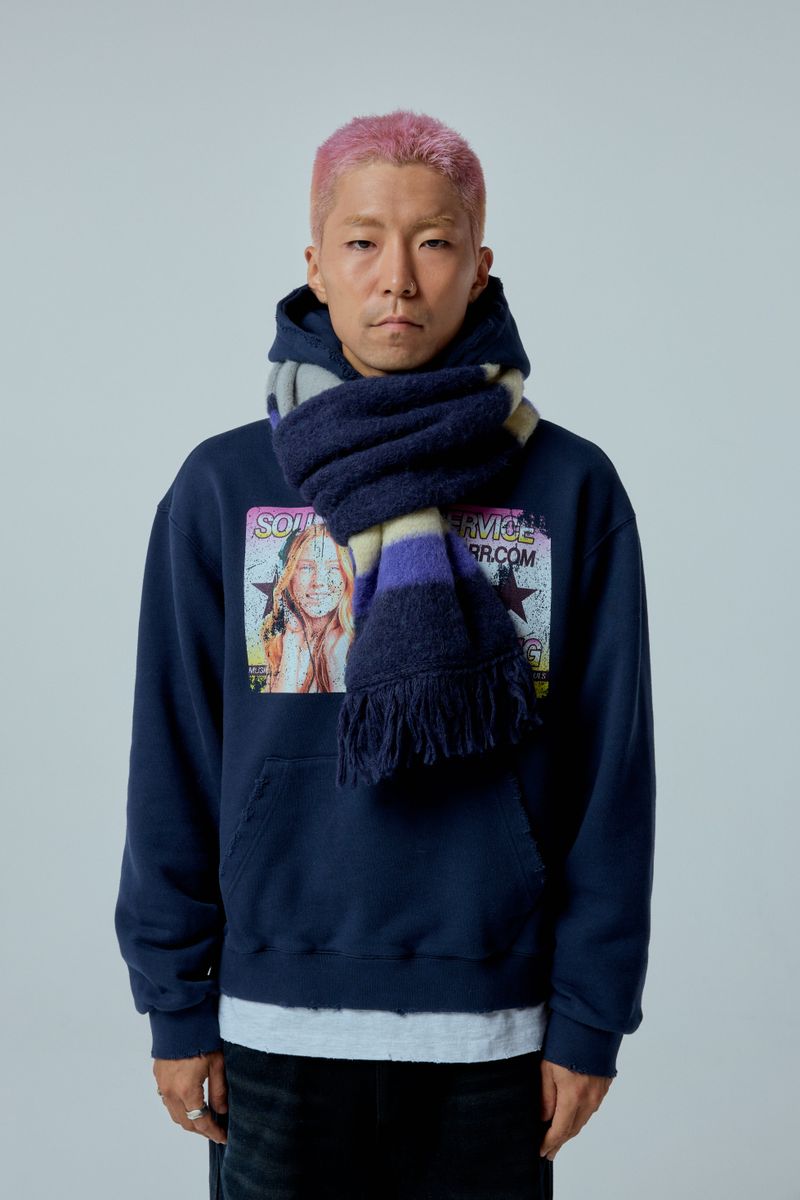 EEERRR Stripe brushed wool knit muffler (Navy)