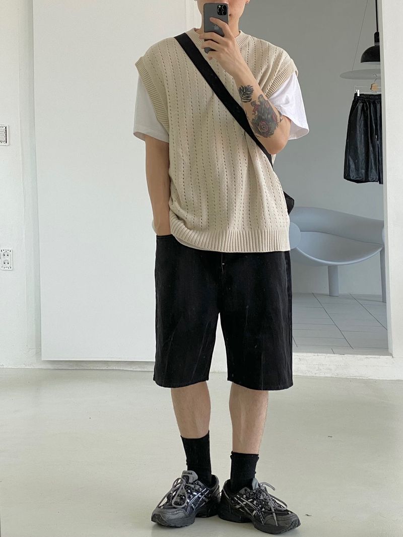 Punching knit round vest 2C