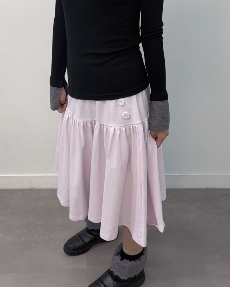 Lace Button Shirring Skirt (pink)