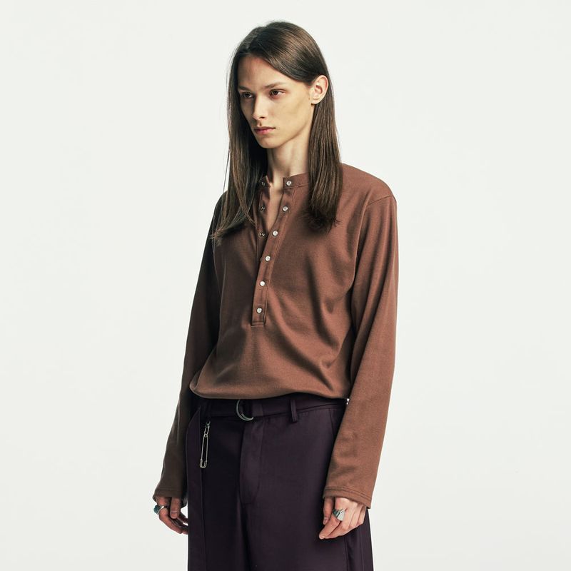 below button-down henry neck long sleeve brown