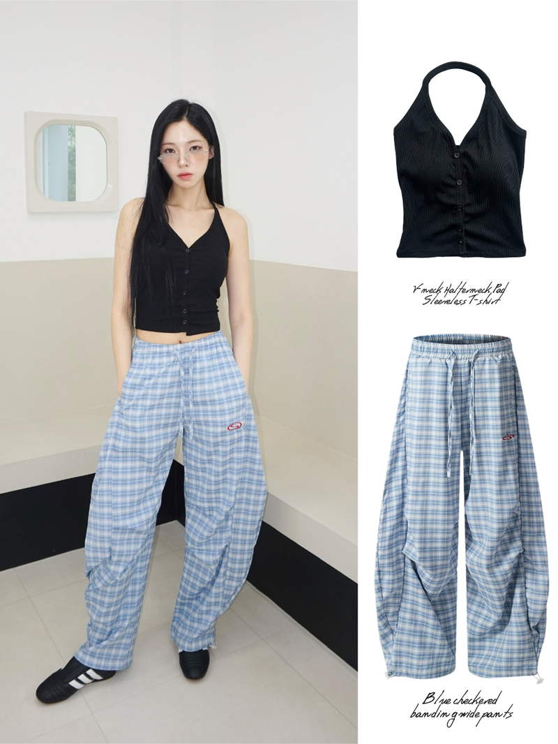 Blue checkered banding wide pants