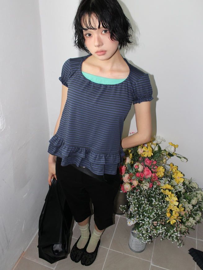 STRIPE HALTER FRILL TEE