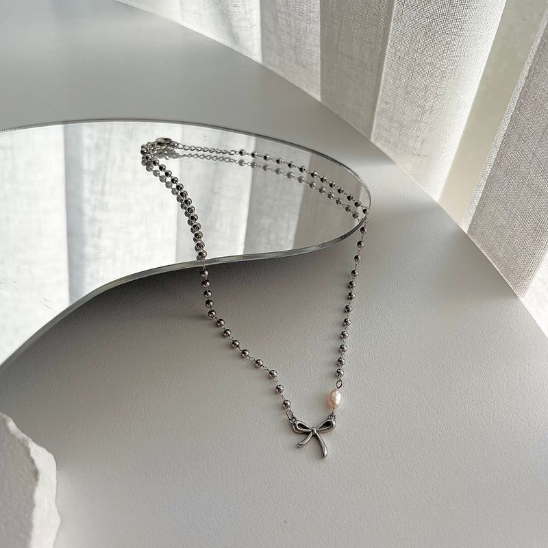 ari Ballet Core Ribbon Serious Steel Freshwater Pearl Short Choker Ball Layered Necklace (choose from 2)