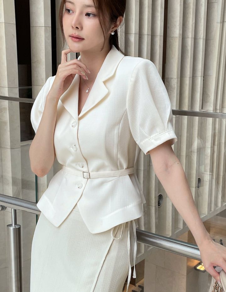 Riven Collar Puff Blouse Jacket (Belt Set)