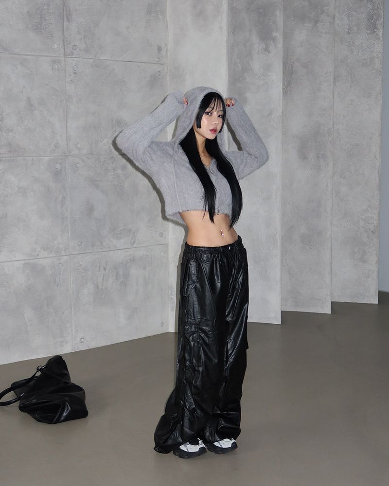 leather cargo string jogger wide pants