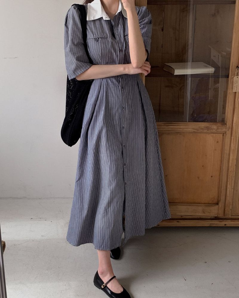 Moon collar striped long dress