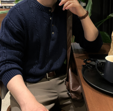 Look & P Henry Neck Button Cable Overfit Knit