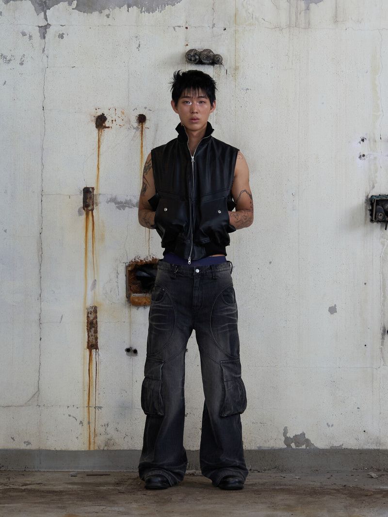 Circle Washing Denim Cargo Pants (Black)