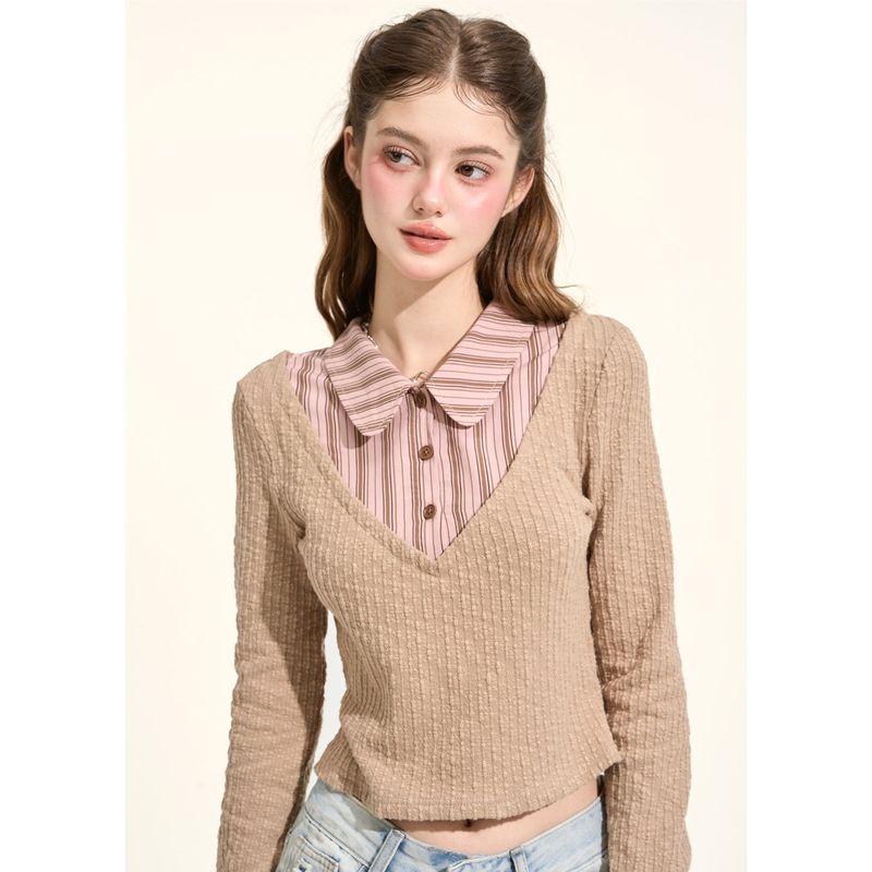 [GirlyFancyClub] high-intelligence miu style*pink and brown striped small lapel faux two-piece knitted top for