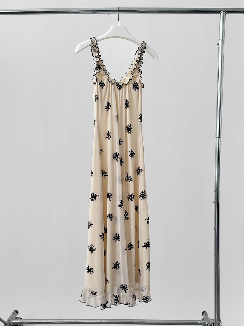 Beige Black Flower Long Dress