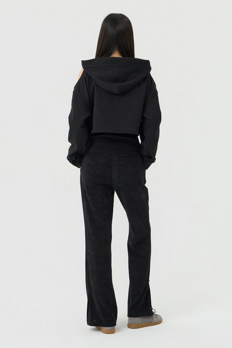 Shoulder Cutout Crop Hooded Zip-Up, Black