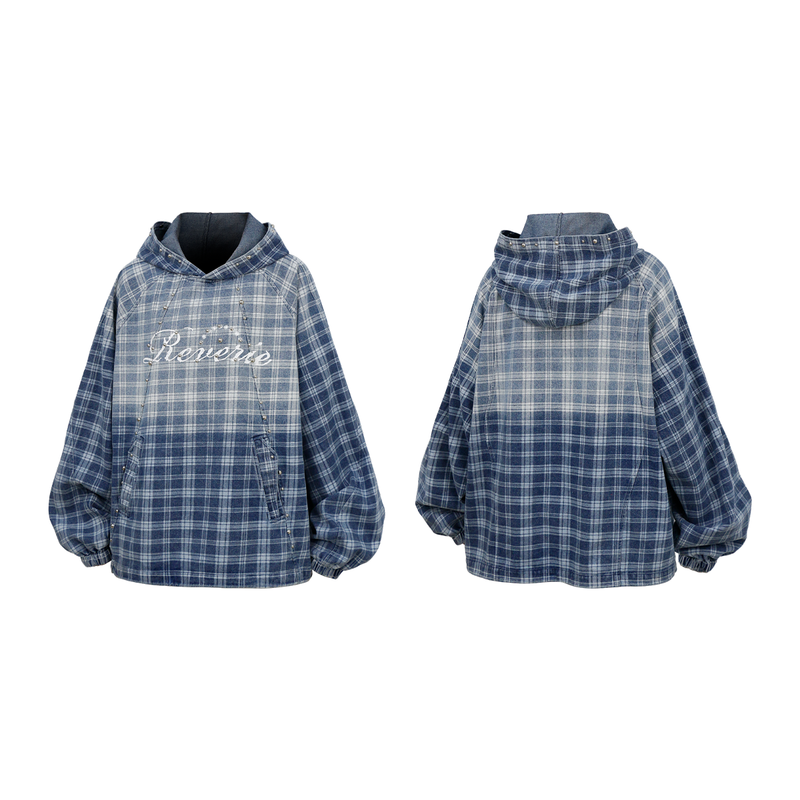 RELABEL (Gemeng) Stud-embellished, printed, gradient-wash checked hooded denim sweatshirt