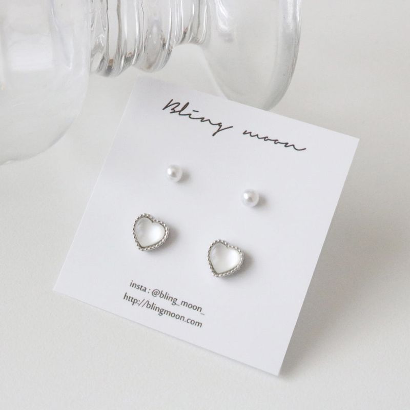 [2 set] Luminous Heart Pearl Earring Set / 2 color