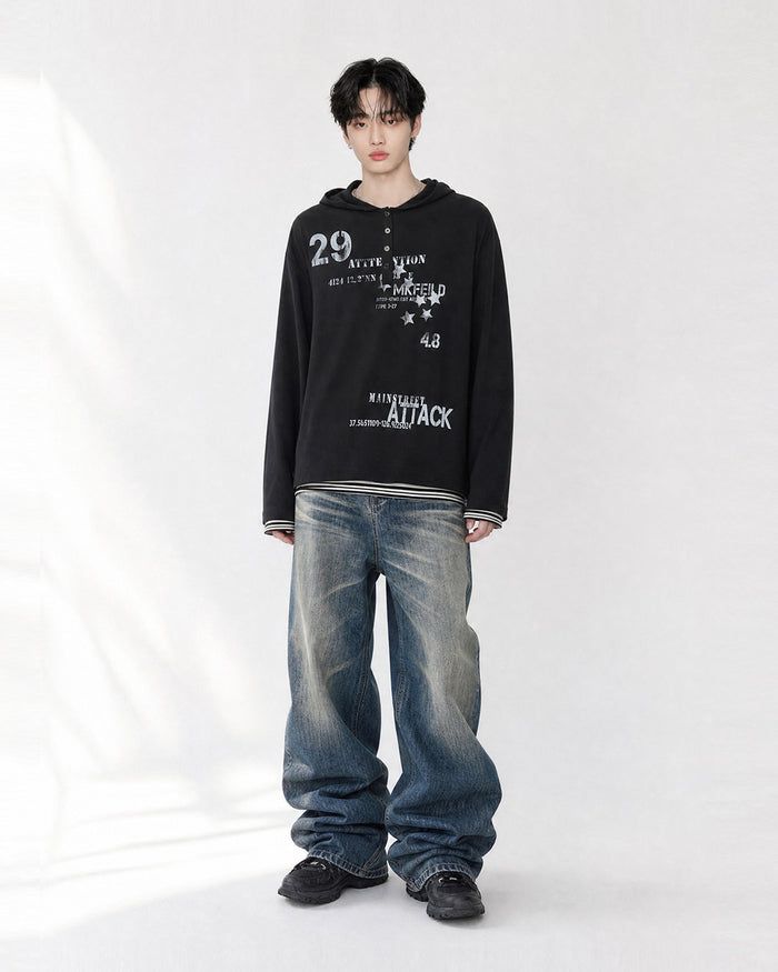 (UNISEX) Attack Henley Hooded Long Sleeve