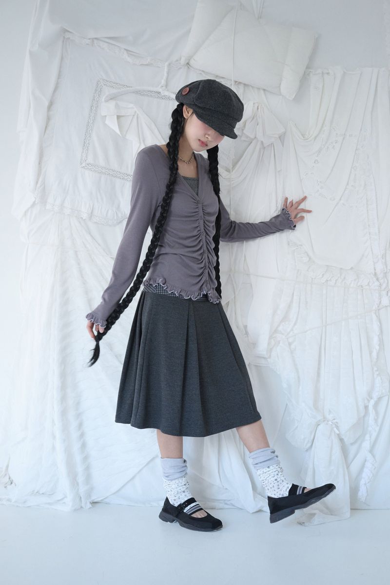 ASYMMETRIC SHIRRING LACE CARDIGAN SMOKE PURPLE