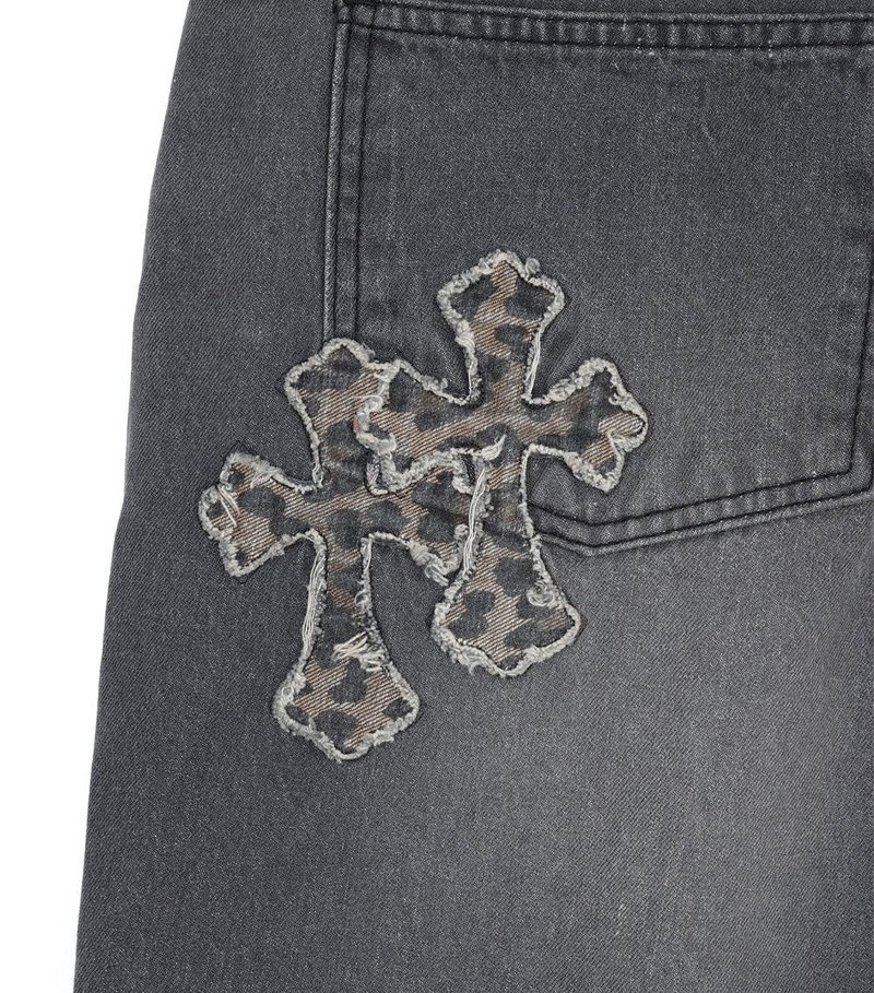 Leopard Cross Patch Roll-Up Denim Pants - Black