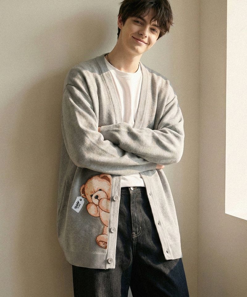 Peeking teddy cardigan [GREY]
