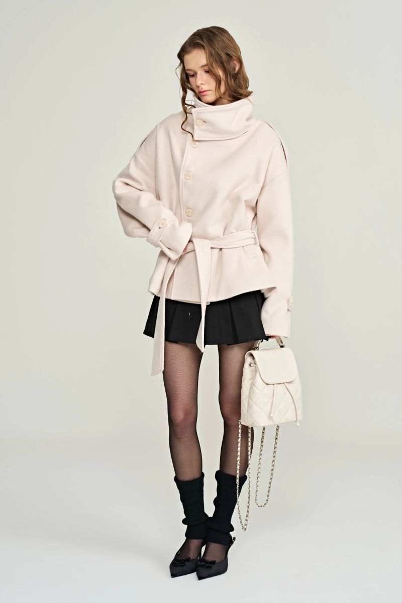 Cream rose high-neck wool coat, Baby Pink