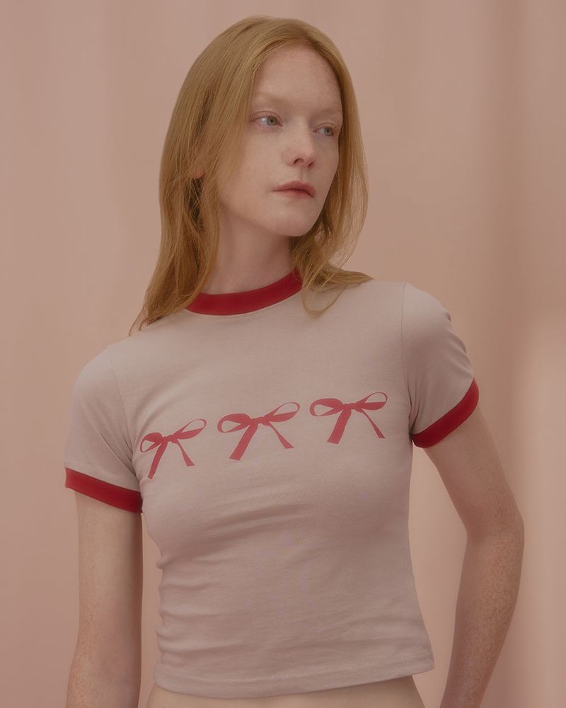 TRIPLE RIBBON RINGER TSHIRT-BEIGE