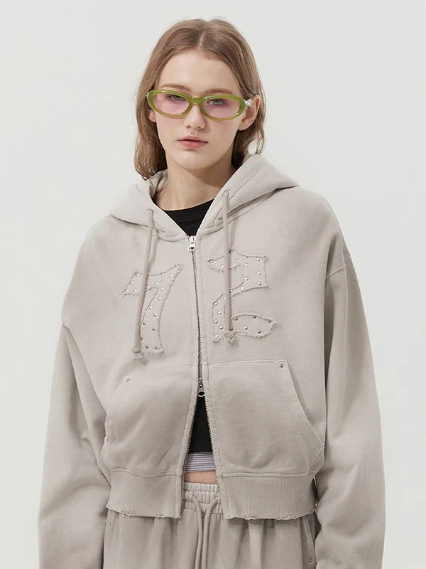 KIRSH（キルシー）の「VINTAGE WASHING STUD POINT CROP HOODIE ZIP UP - OAT MEAL（Tops）」