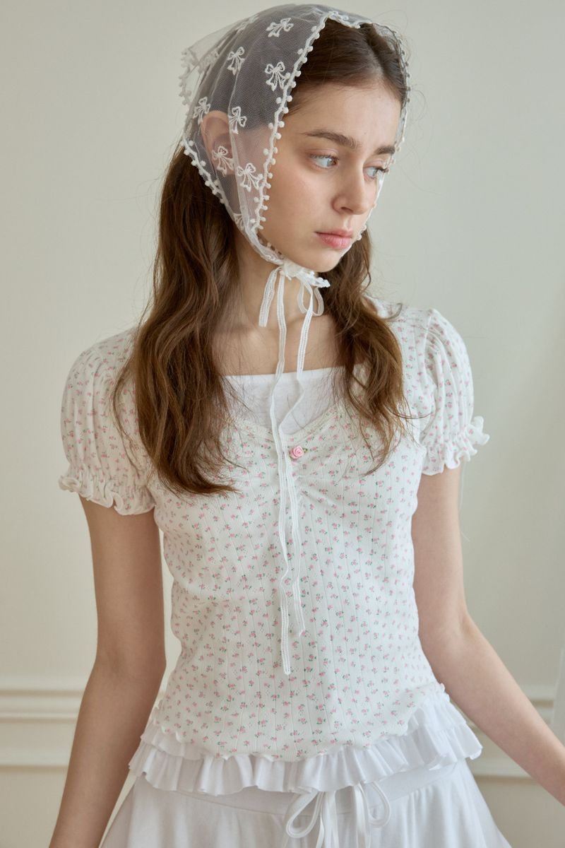 FLOWER SHIRRING PUFF T-SHIRT