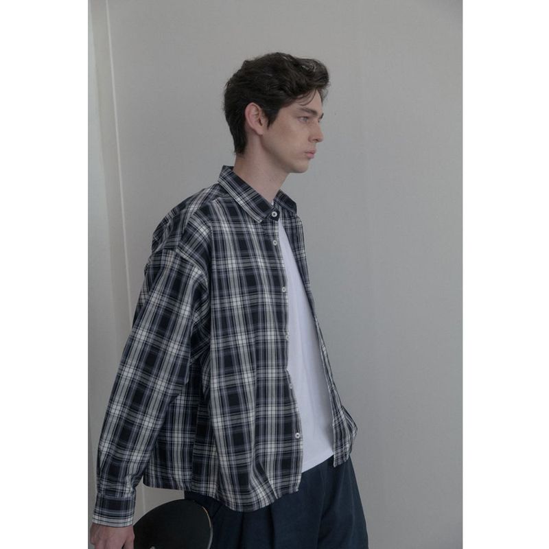 Vintage Washing gray blue check shirts