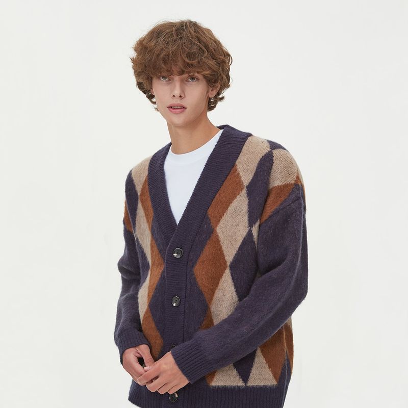 BRUSHED ARGYLE KNIT CARDIGAN_NAVY