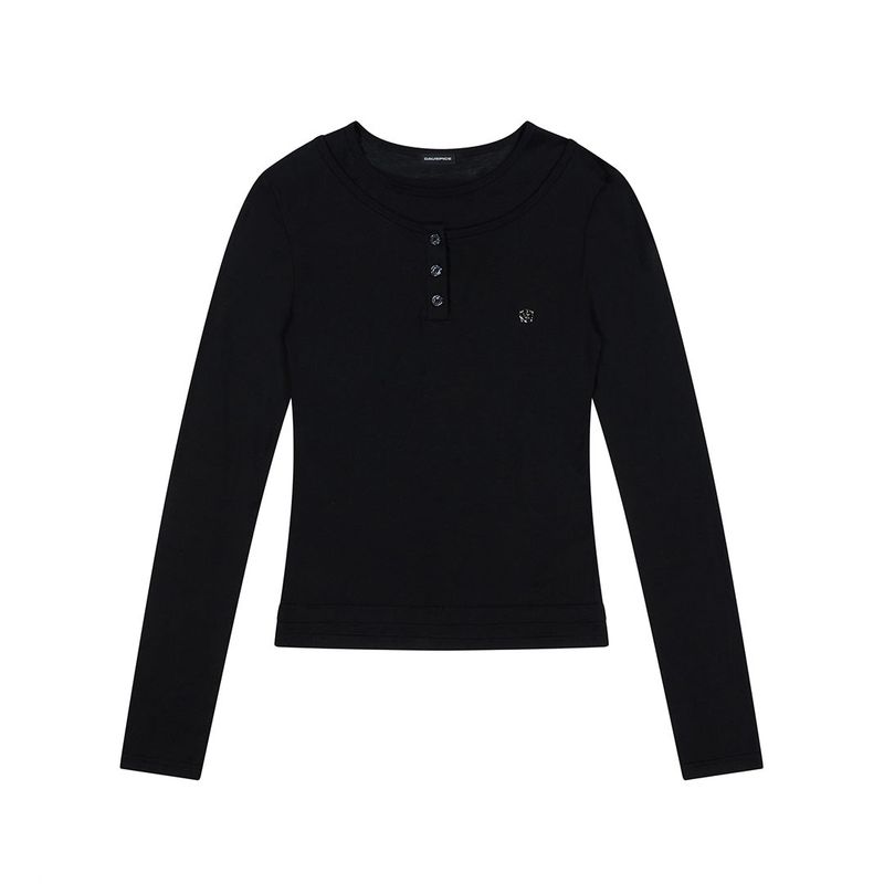 (DUC) Henley-Neck Double-Layer Long Sleeve Black
