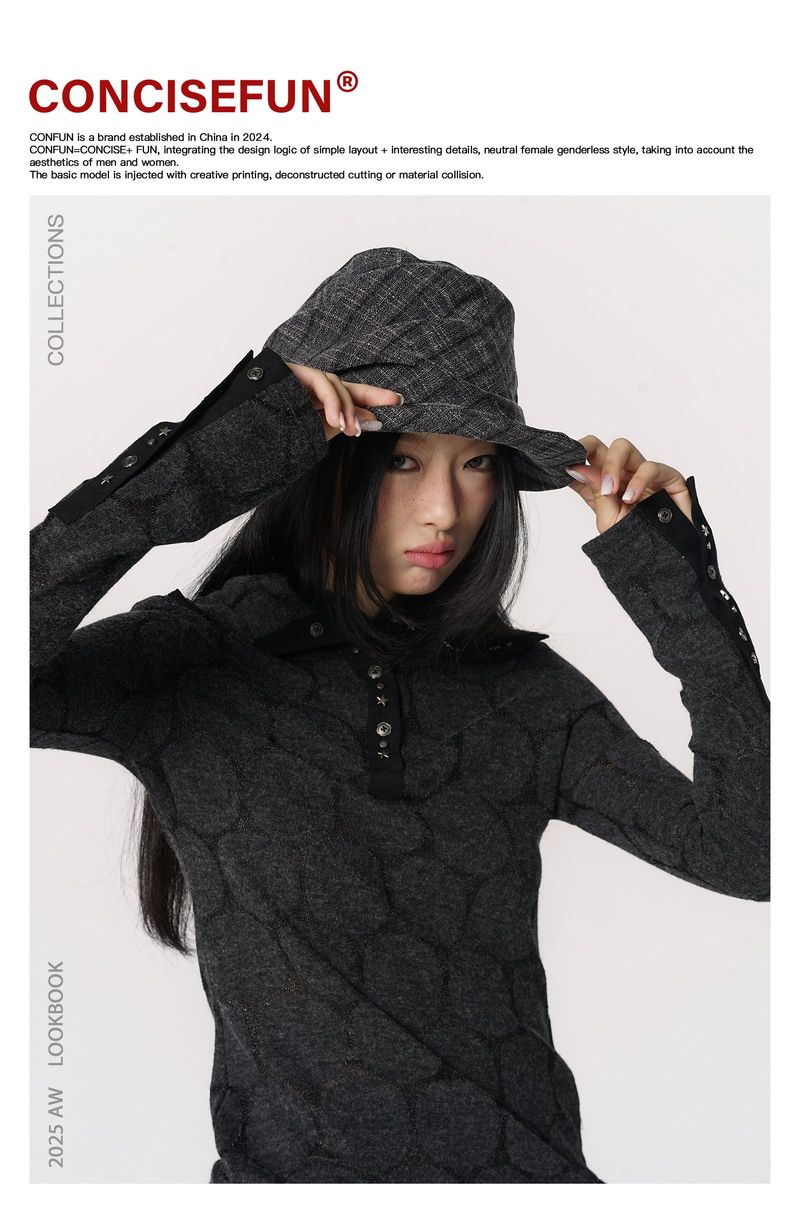 CONFUN Henry rivet patchwork lapel jacquard knitted slim top