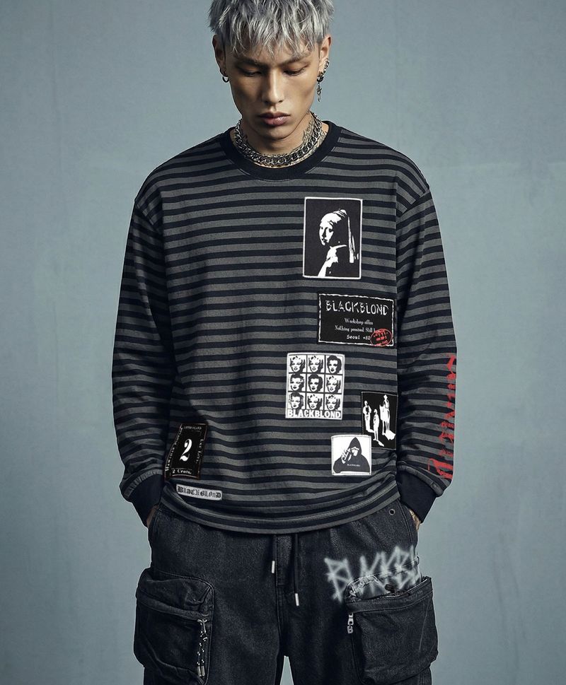 BBD Anxiety Multi Patch Stripe Long T-Shirt (Black&Charcoal)