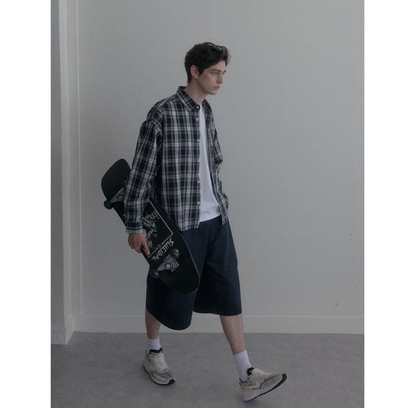 Vintage Washing gray blue check shirts