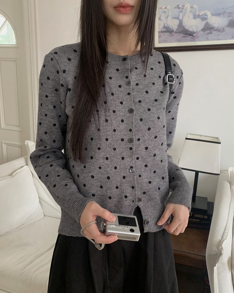 Honi Round-Neck Dot Knit Cardigan