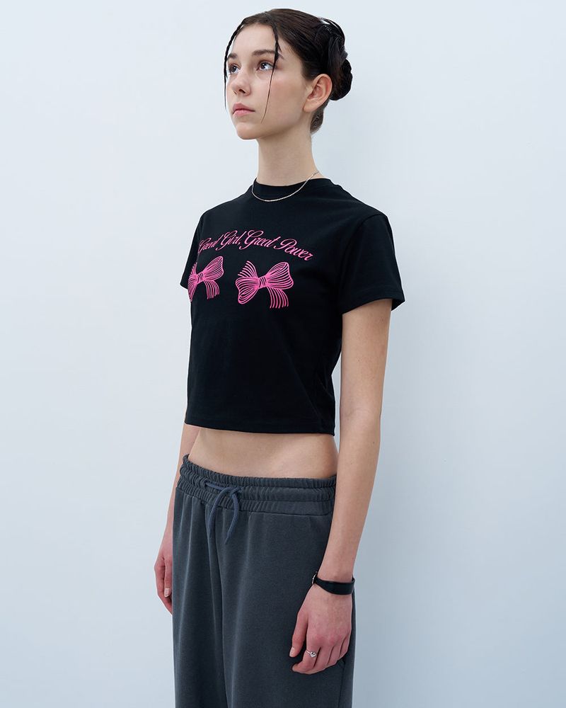 TWIN RIBBON CROP TSHIRT-BLACK