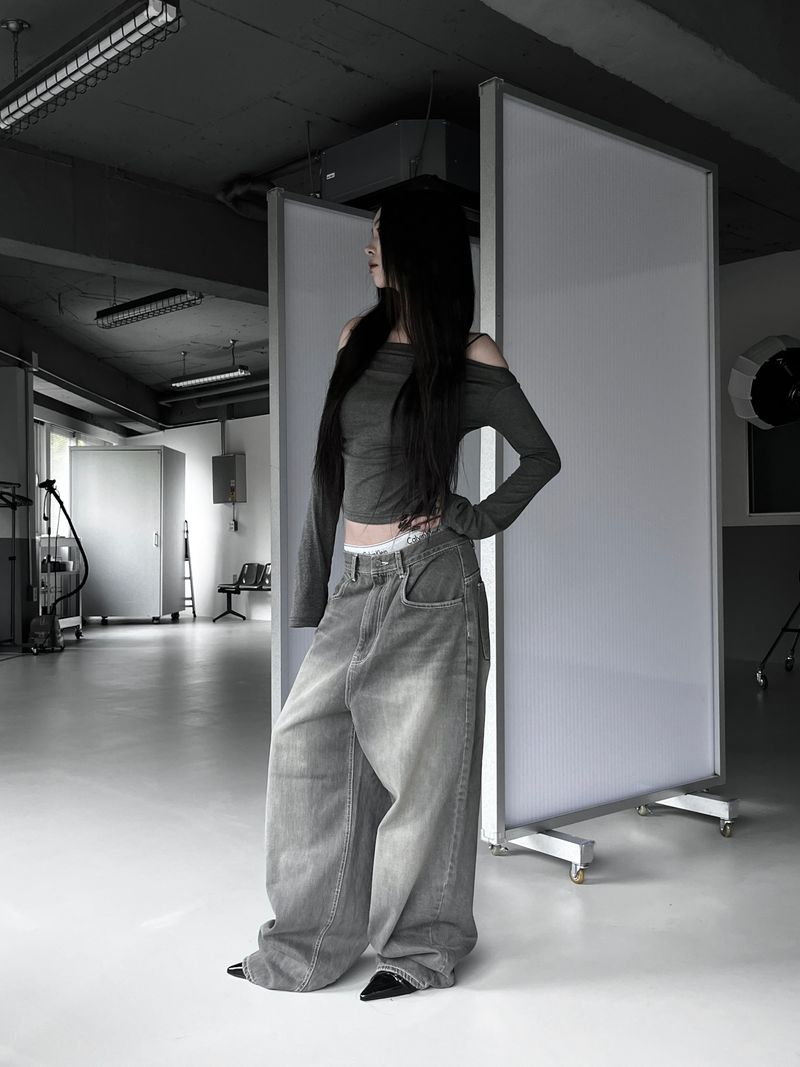gray shirring washed denim