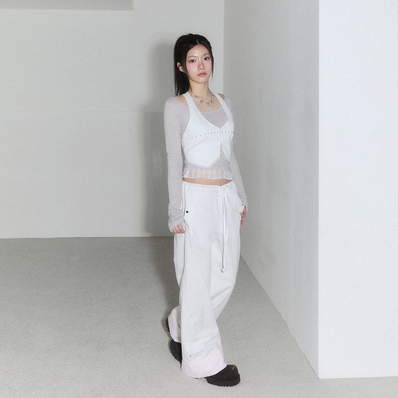lace layered roll up denim - white