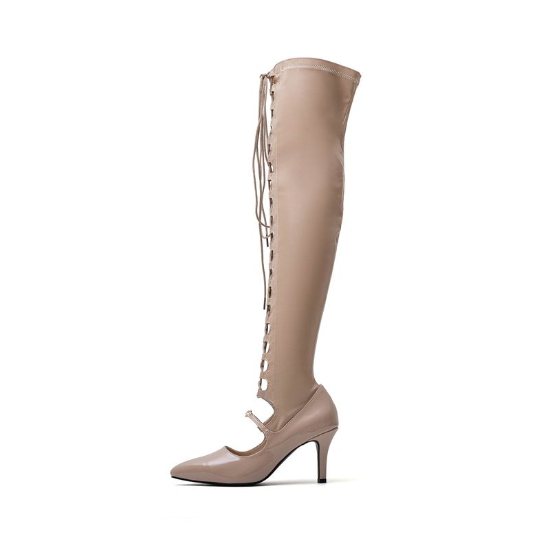 Thigh High Lace-Up Stiletto Boots Heel(Beige)