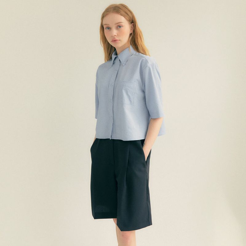 Stripe Wrinkle Pocket Crop Shirt (Light blue)