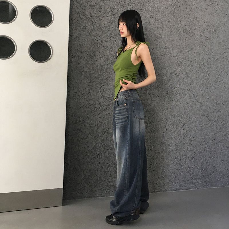 Moder Unbalanced Side Button Slit Shirring Sleeveless