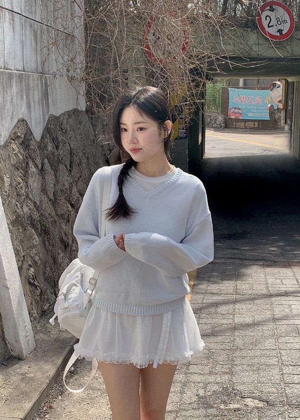 Again Basic Cotton Loose Fit V-neck Knit (5color)