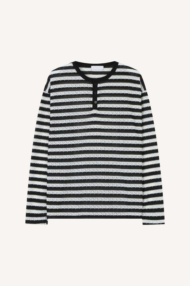 Striped Henley neck long sleeve knit